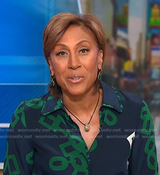 Robin’s navy and green link print blouse on Good Morning America