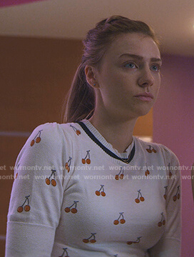 Sterling's white cherry print knit top on Teenage Bounty Hunters