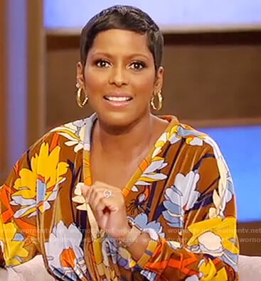 Tamron’s brown floral maxi dress on Tamron Hall Show