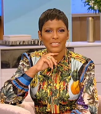 Tamron’s mixed print tie neck shirtdress on Tamron Hall Show