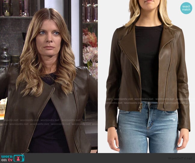 Leather Cross Front Olive Wood Jacket by Vince worn by Phyllis Summers (Michelle Stafford) on The Young and the Restless