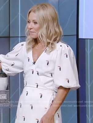 Kelly’s white embroidered wrap dress on Live with Kelly and Ryan