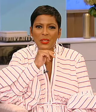 Tamron’s white stripe balloon sleeve dress on Tamron Hall Show