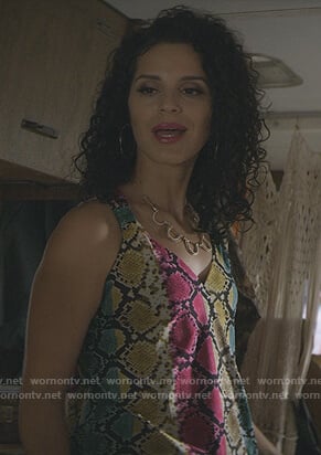 Yolanda’s multi colored snakeskin tank on Teenage Bounty Hunters