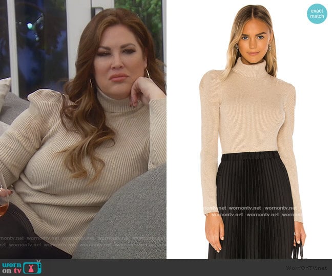 Raglan Sleeve Pearls Beaded Solid Sweater by 525 America worn by Emily Simpson on The Real Housewives of Orange County