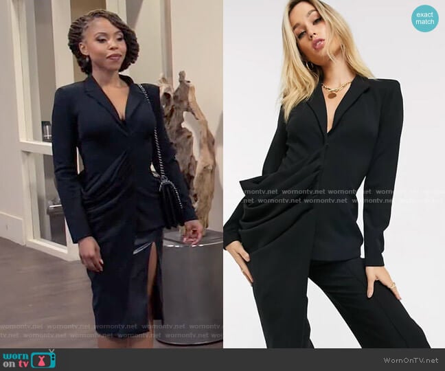 ASOS DESIGN jersey asymmetric drape detail long line blazer worn by Andrea Barnes (Kj Smith) on Tyler Perrys Sistas