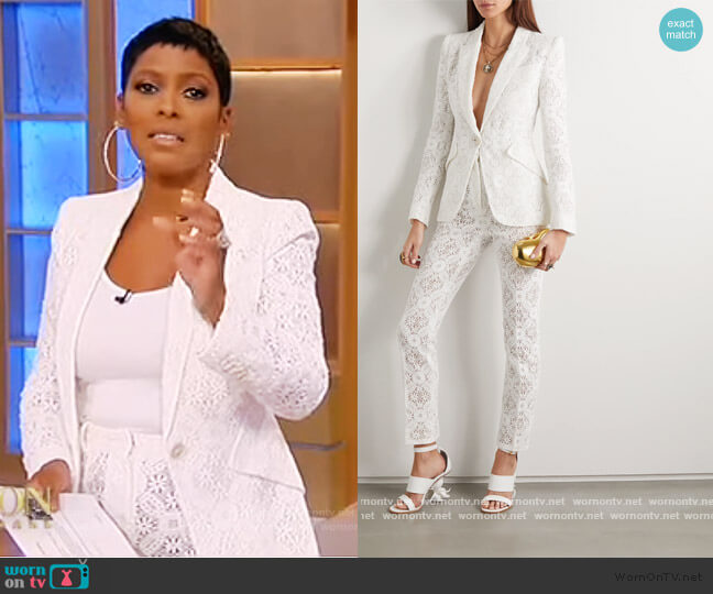 Crochet Lace Jacket and Pants by Alexander McQueen worn by Tamron Hall on Tamron Hall Show