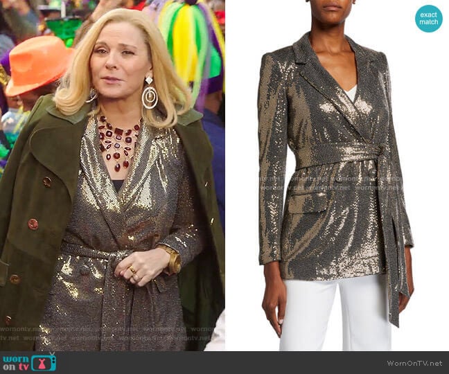 Badgley Mischka Sequin Long-Sleeve Belted Smoking Jacket worn by Margaret Monreaux (Kim Cattrall) on Filthy Rich