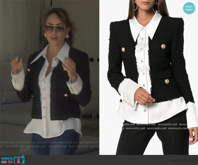 Tweed And Satin Buttoned Jacket by Balmain worn by Kelly Dodd on The Real Housewives of Orange County