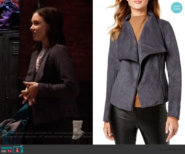 Ruffle-Hem Faux-Suede Moto Jacket by BCBGeneration worn by Willow Tait (Katelyn MacMullen) on General Hospital