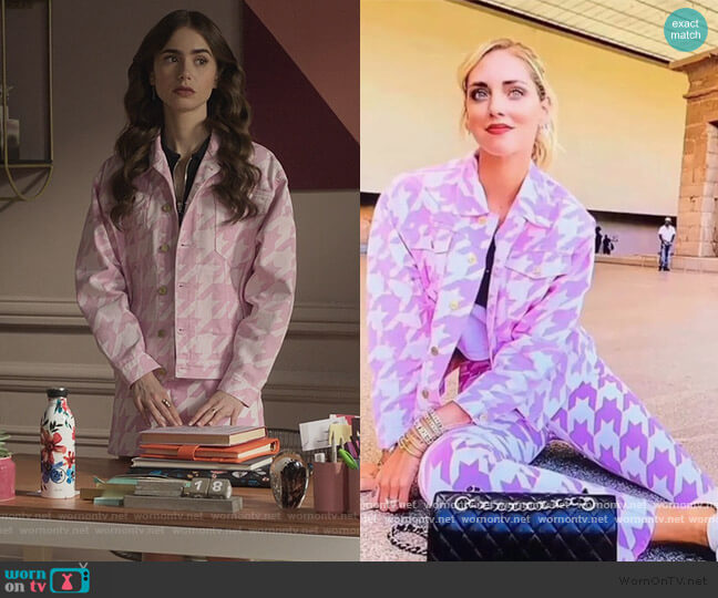 Pink Houndstooth Denim Jacket by Chiara Ferragni worn by Emily Cooper (Lily Collins) on Emily in Paris