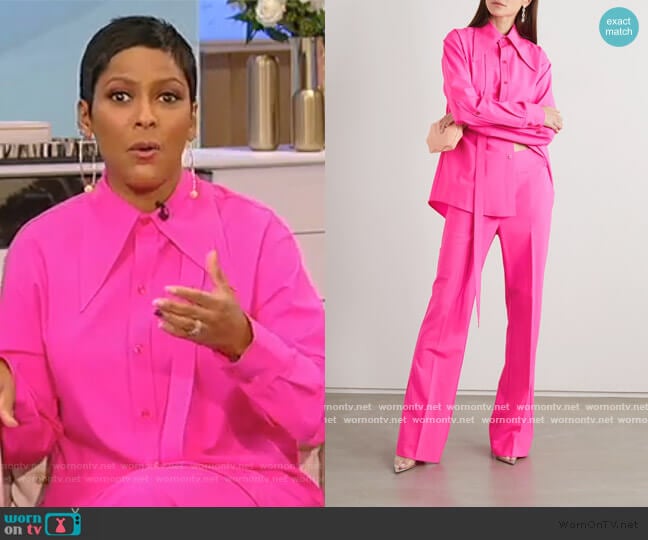 Tie-detailed neon wool-blend shirt and pants by Christopher John Rogers worn by Tamron Hall on Tamron Hall Show