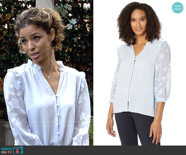 Mix Media 3/4 Sleeve Blouse with Button Placket by Cece worn by Elena Dawson (Brytni Sarpy) on The Young and the Restless