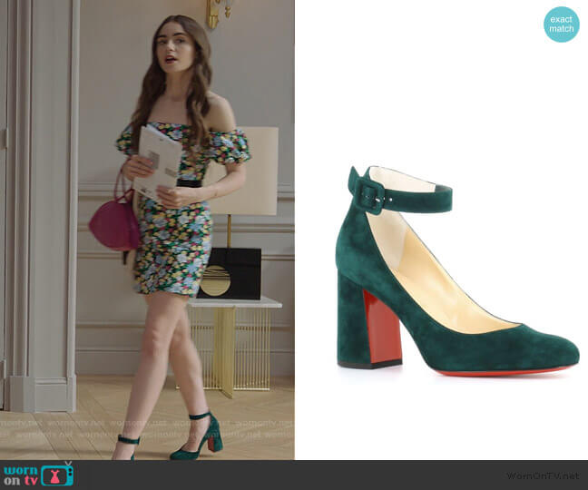 Soval Ankle Strap Pump by Christian Louboutin worn by Emily Cooper (Lily Collins) on Emily in Paris