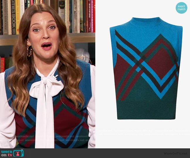 Graphic-print cashmere and wool-blend vest by Dries Van Noten worn by Drew Barrymore on The Drew Barrymore Show