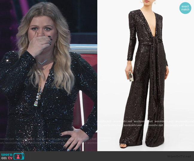 Plunge-front sequinned jumpsuit by Dundas worn by Kelly Rowland  on The Voice