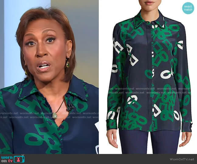 WornOnTV: Robin’s navy and green link print blouse and check pants on ...