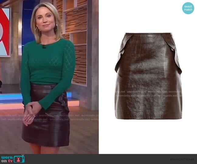 Elgantier Ruffle-Trimmed Leather Mini Skirt by Sandro worn by Amy Robach on Good Morning America