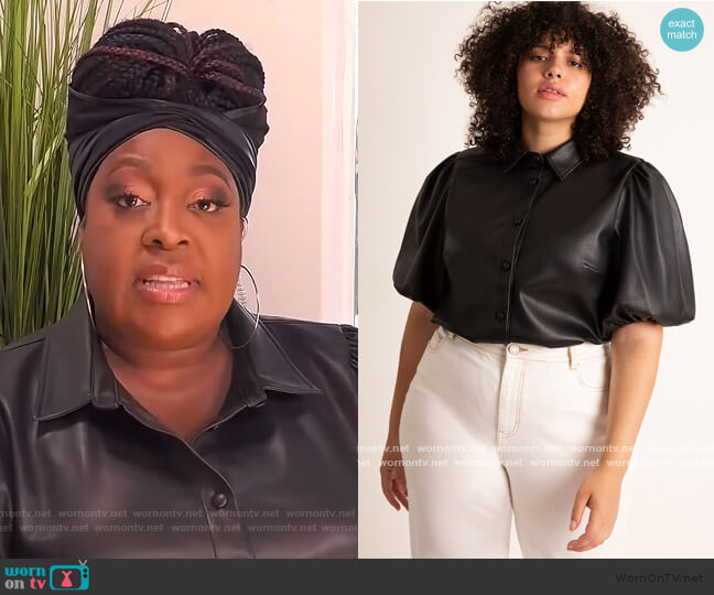 Faux Leather Puff Sleeve Top by Eloquii worn by Loni Love on The Real