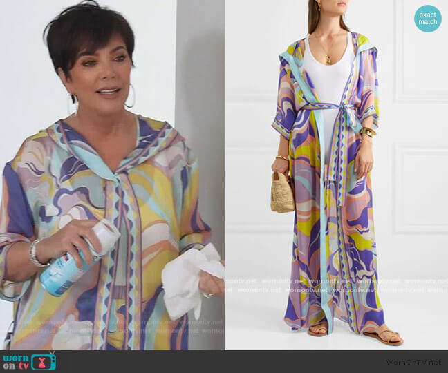 Hooded printed silk-georgette robe by Emilio Pucci worn by Kris Jenner on Keeping Up with the Kardashians