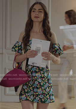 Emily's floral off shoulder dress on Emily in Paris