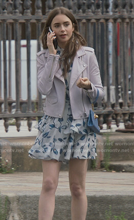 Emily’s floral dress and leather moto jacket on Emily in Paris