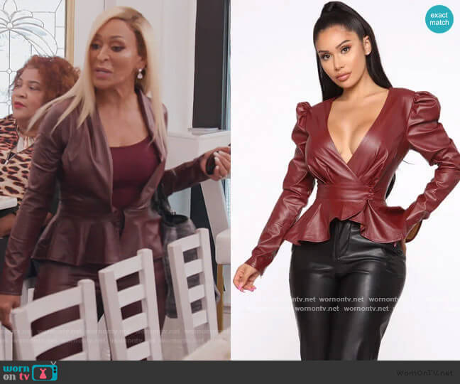 Girl In The City PU Leather Blouse by Fashion Nova worn by Karen Huger on The Real Housewives of Potomac