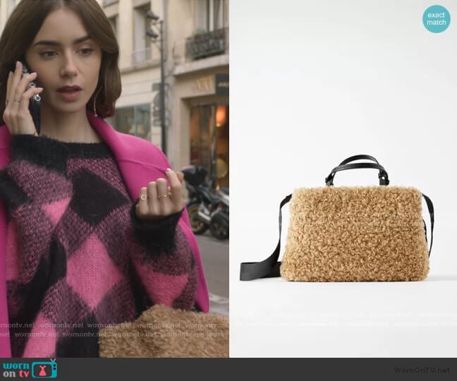 Faux Fur Teddy Bag by Zara worn by Emily Cooper (Lily Collins) on Emily in Paris