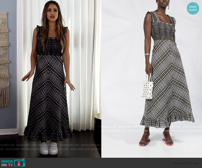 Check Print Flared Dress by Ganni worn by Jessica Alba on The Drew Barrymore Show