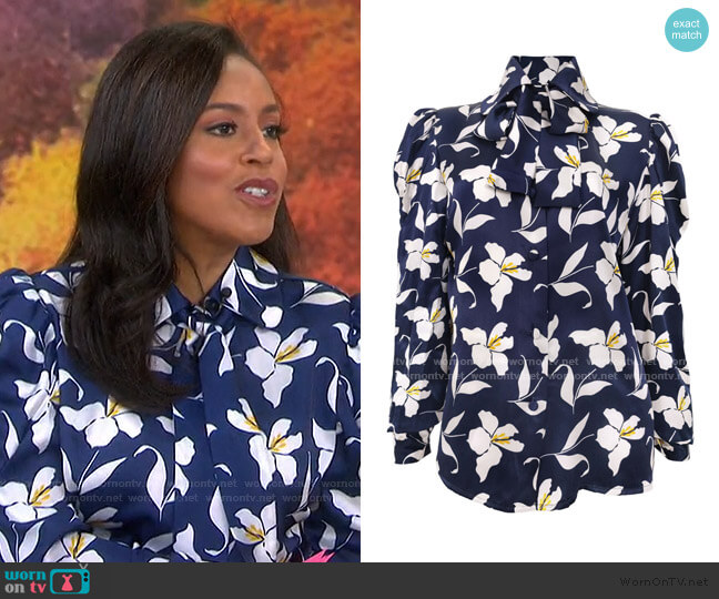 Floral Tie Neck Top by Giovanna Nicolai worn by Sheinelle Jones on Today