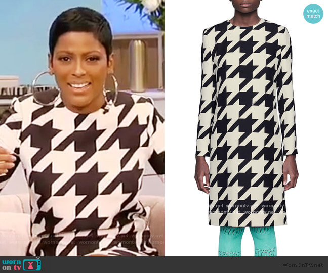 Houndstooth Long Sleeve Silk & Wool Crepe Shift Dress by Gucci worn by Tamron Hall on Tamron Hall Show