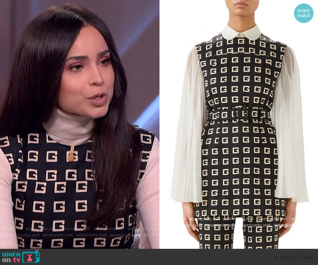 Square-G Logo Print Belted Faille Tunic by Gucci worn by Sofia Carson on The Kelly Clarkson Show