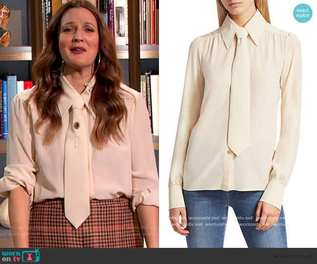 Vintage Menswear Tie Silk Blouse by Gucci worn by Drew Barrymore on The Drew Barrymore Show