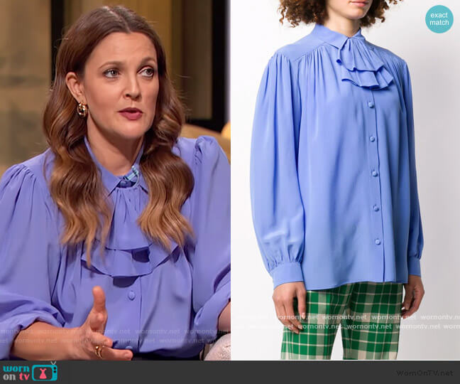 Detachable-ruffle silk-crepe blouse by Gucci worn by Drew Barrymore on The Drew Barrymore Show