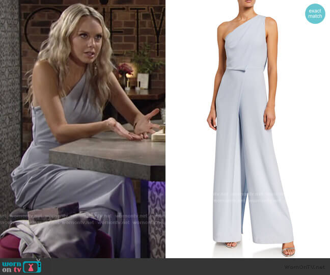 Asymmetric Draped Wide-Leg Jumpsuit by Halston worn by Abby Newman (Melissa Ordway) on The Young and the Restless