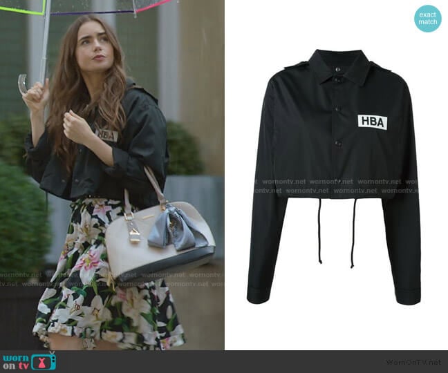 Logo Print Cropped Jacket by Hood By Air worn by Emily Cooper (Lily Collins) on Emily in Paris