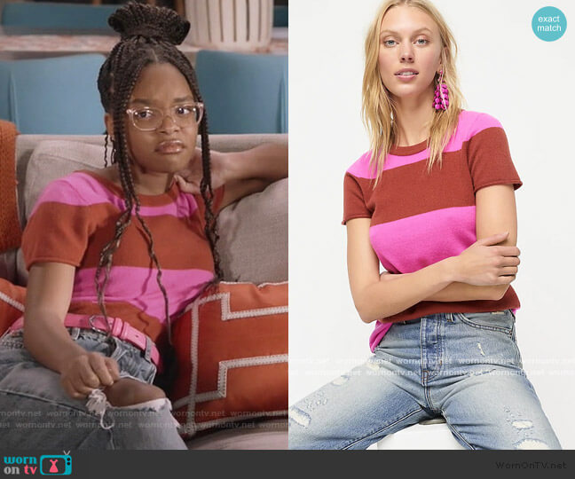 Short-sleeve cashmere T-shirt in rugby stripe by J. Crew worn by Diane Johnson (Marsai Martin) on Black-ish