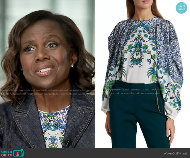 Jacaranda Crepe Puff-Sleeve Blouse by Givenchy worn by Deborah Roberts on Good Morning America