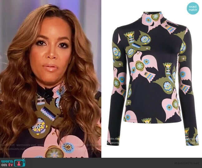 dove-print mock neck top by La Doublej worn by Sunny Hostin on The View