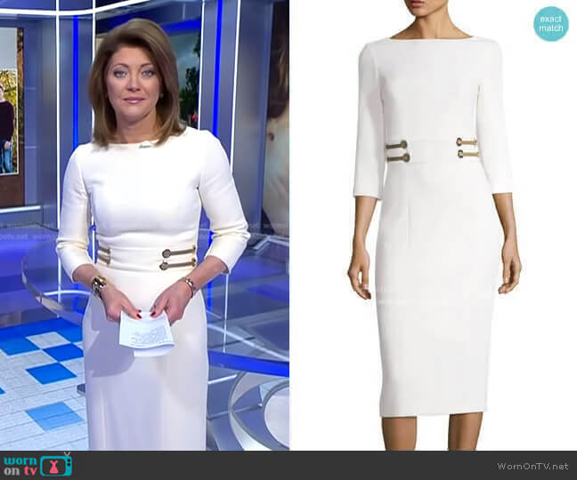 Leather-Trim Boucle Crepe Sheath Dress by Michael Kors Collection worn by Norah O'Donnell on CBS Evening News