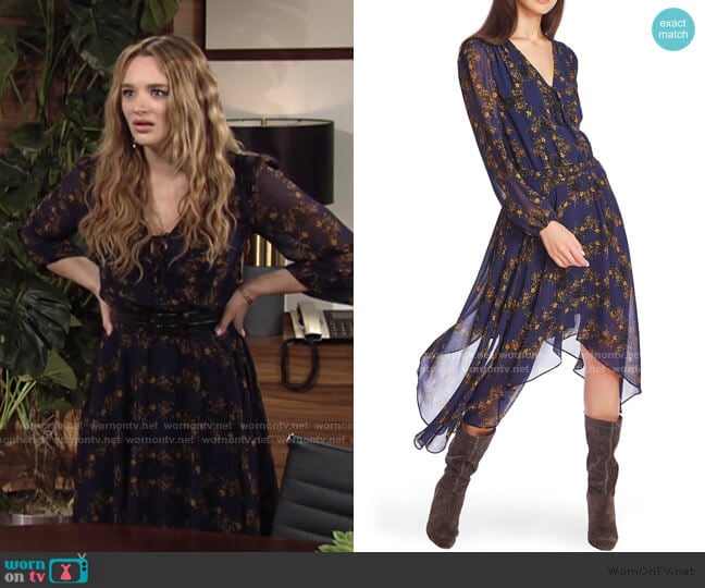 Long Sleeve Floral Handkerchief Hem Dress by 1.State worn by Summer Newman (Hunter King) on The Young and the Restless