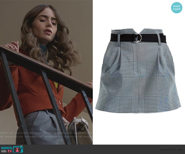 Jadie Prince Of Wales Check Mini A-Line Skirt by Maje worn by Emily Cooper (Lily Collins) on Emily in Paris