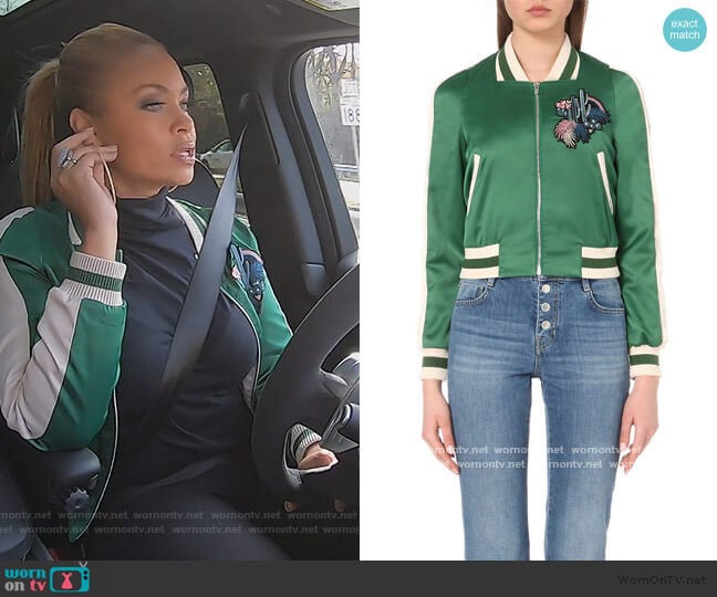 Bacary satin varsity jacket by Maje worn by Gizelle Bryant on The Real Housewives of Potomac