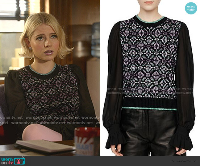 Maely Geo-Print Sweater by Maje worn by Astrid (Lucy Boynton) on The Politician