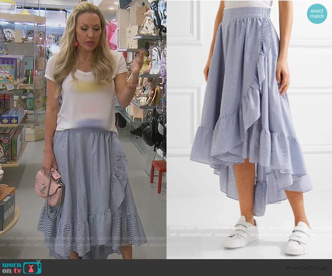 Wrap-effect ruffled striped poplin midi skirt by Maje worn by Braunwyn Windham-Burke on The Real Housewives of Orange County