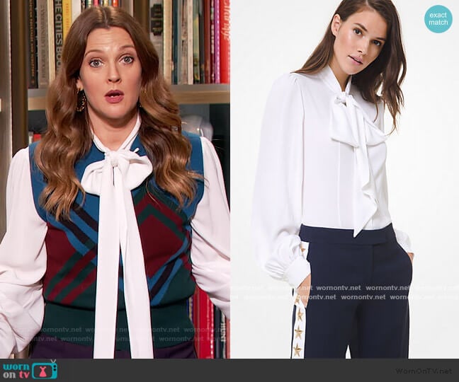 Silk Georgette Tie-Neck Blouse by Michael Kors worn by Drew Barrymore on The Drew Barrymore Show