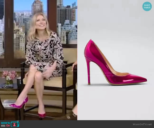 Mirror Calfskin Stiletto Pumps by Gianvito Rossi worn by Kelly Ripa on Live with Kelly and Mark