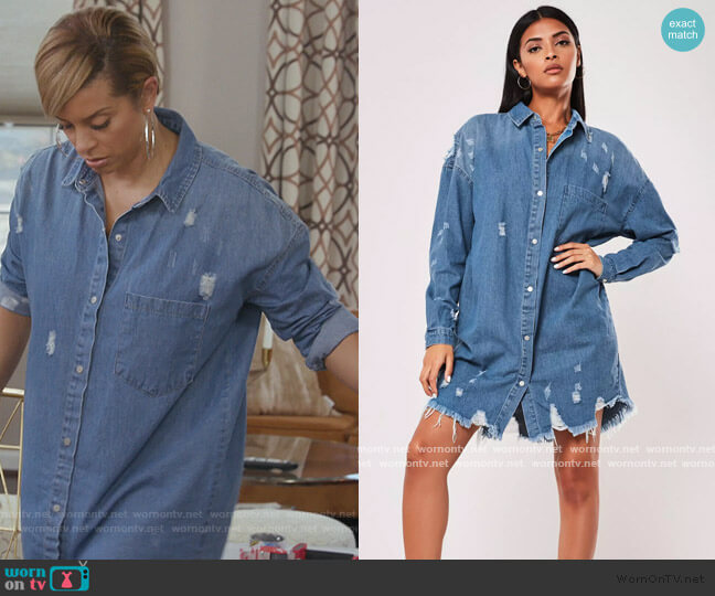 Blue Bleachwash distressed Extreme Denim Shirt by Missguided worn by Robyn Dixon  on The Real Housewives of Potomac