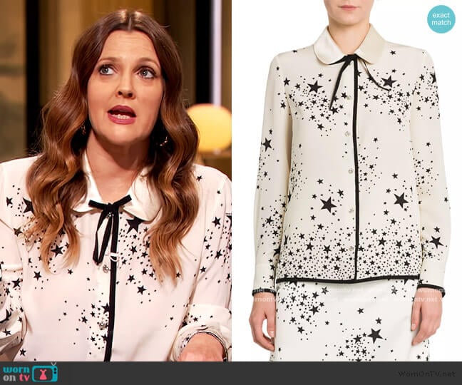 St Stars Marocain Silk Blouse by Miu Miu worn by Drew Barrymore on The Drew Barrymore Show