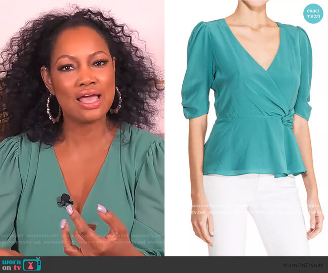 Juniper Wrap Silk Blouse by Parker worn by Garcelle Beauvais on The Real